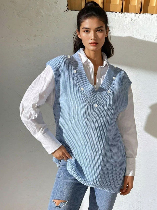 Ribbed Sweater Vest in Blue acrylic - Nowi Korean Fashion