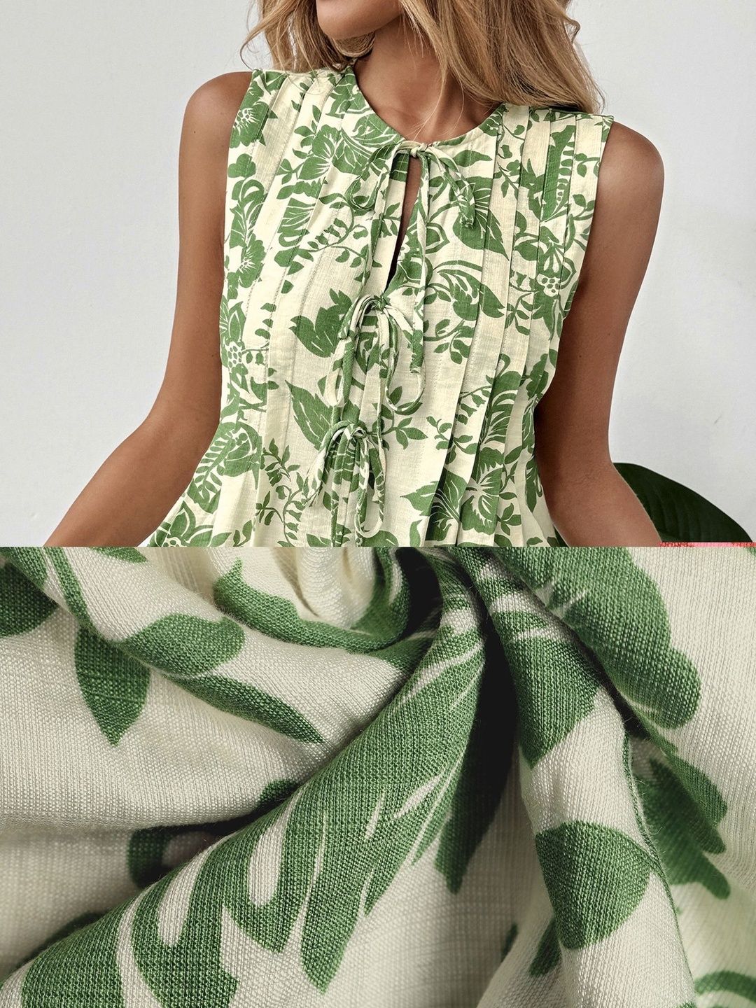 Floral Print Tie-Up Neck Cotton Top - Nowi Korean Fashion
