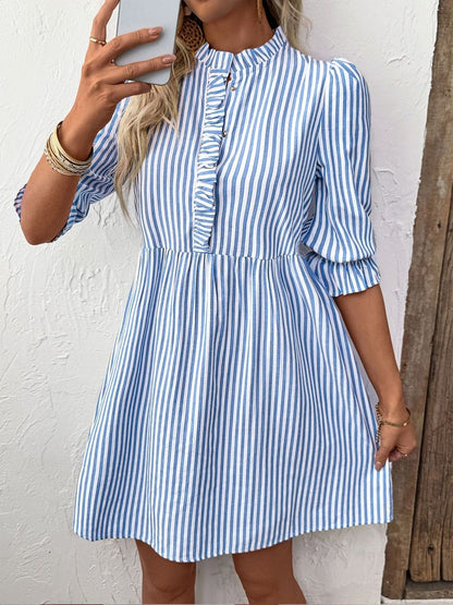 Striped Puff Sleeve Ruffled A-Line Dress