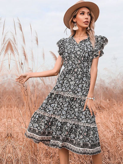 Floral Print Flutter Sleeve Fit & Flare Midi Dress