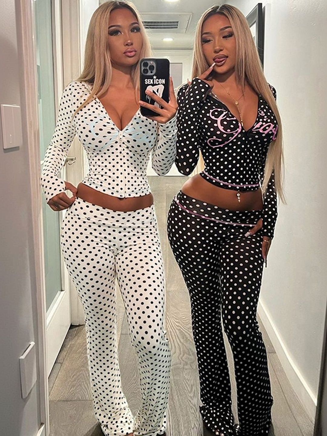 Printed V-Neck Top & Trousers Co-Ords in White - Nowi Korean Fashion