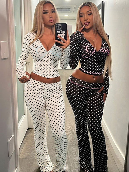 Printed V-Neck Top & Trousers Co-Ords in White - Nowi Korean Fashion