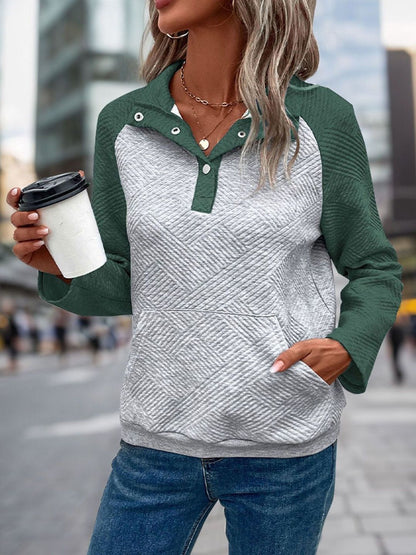 Colourblocked Sweatshirt in Green Cotton Long Sleeve - Nowi Korean Fashion