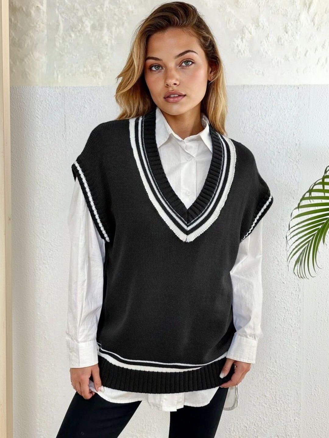 Striped Sweater Vest in Black acrylic - Nowi Korean Fashion