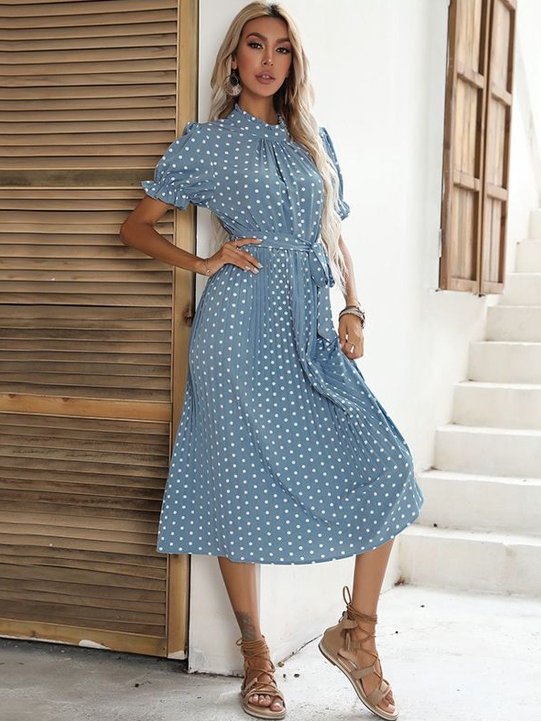 Polka Dot Print Puff Sleeve Fit & Flare Midi Dress in Blue cotton Printed - Nowi Korean Fashion