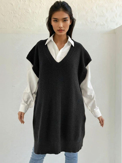 Ribbed Longline Sweater Vest in Black acrylic - Nowi Korean Fashion