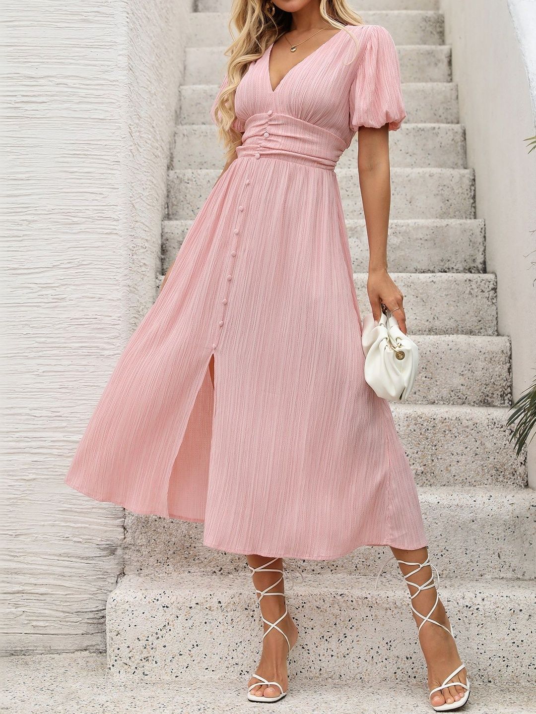 Puff Sleeve Fit & Flare Midi Dress