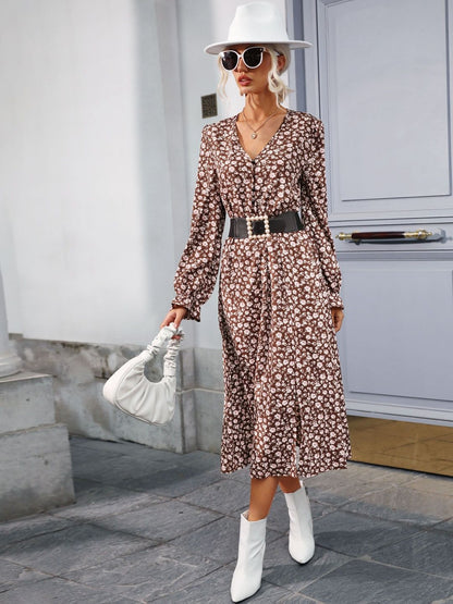 Women's Brown Floral Print A-Line Midi Dress