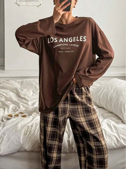 Brown Solid Top with Checked Trousers