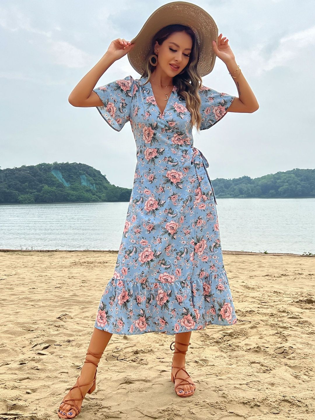 Floral Print Puff Sleeve Ruffled Midi Dress