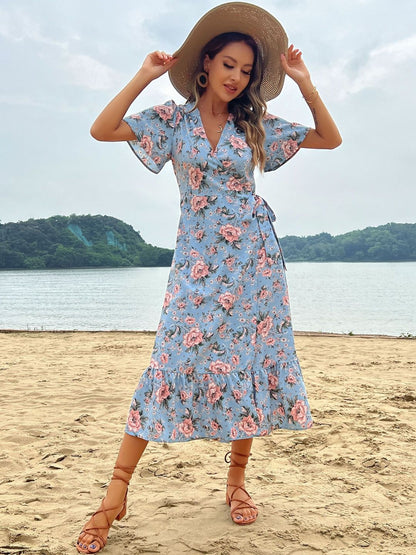 Floral Print Puff Sleeve Ruffled Midi Dress