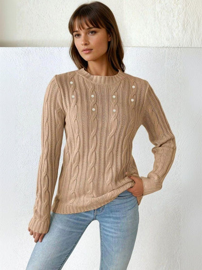 Cable Knit Ribbed Pullover in Beige acrylic - Nowi Korean Fashion