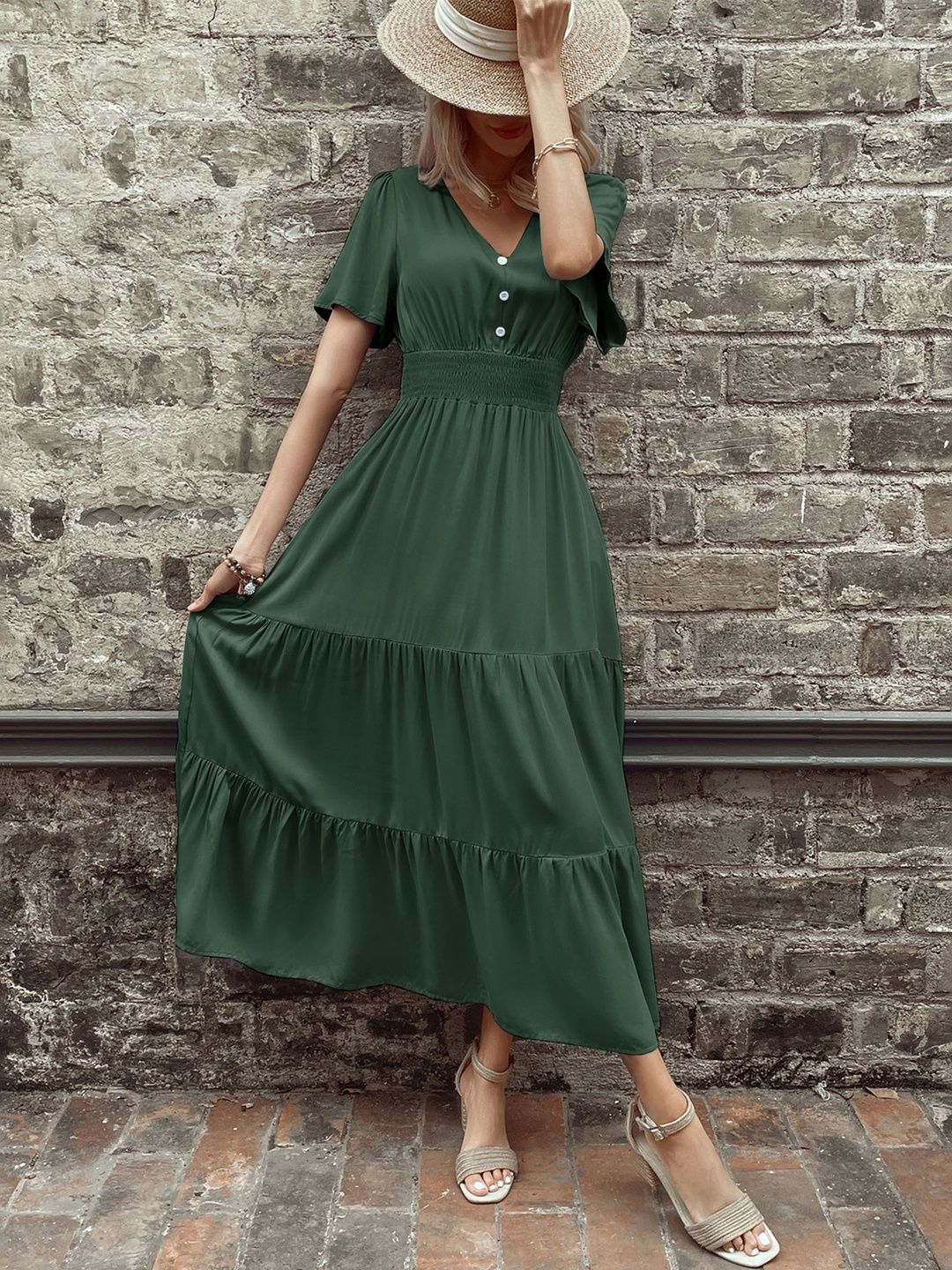 Flared Sleeve Fit & Flare Midi Dress in Green cotton - Nowi Korean Fashion