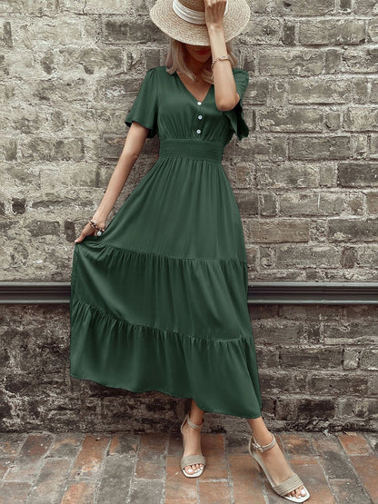 Flared Sleeve Fit & Flare Midi Dress in Green cotton - Nowi Korean Fashion