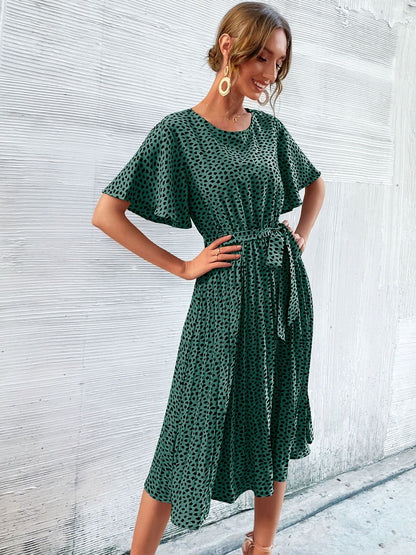 Polka Dot Print Flared Sleeve Fit & Flare Midi Dress