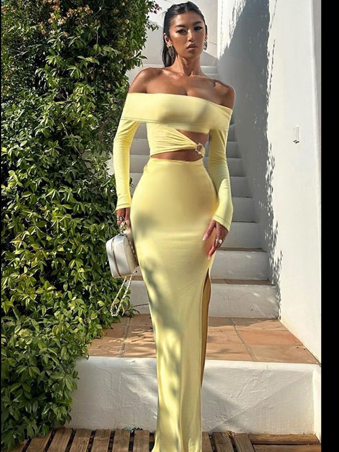 Women's Yellow Off-Shoulder Bodycon Maxi Dress
