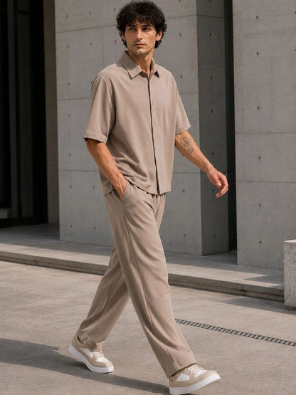 Men Brown Solid Shirt with Trousers Co-Ords
