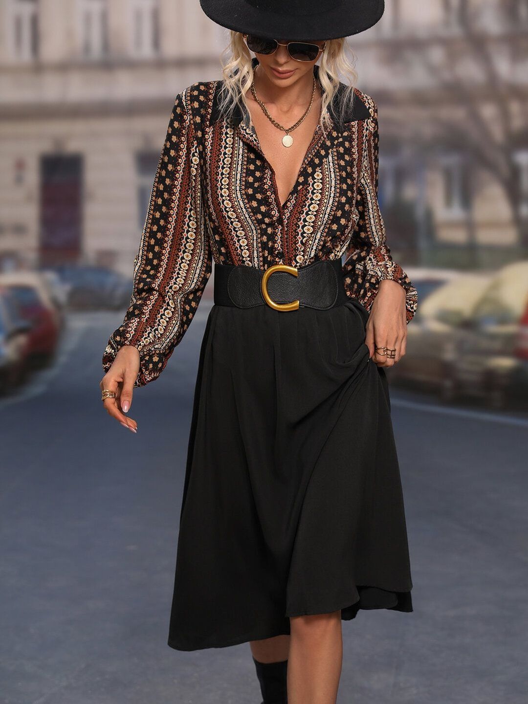 Bohemian Ethnic Print Midi Dress with Long Sleeves