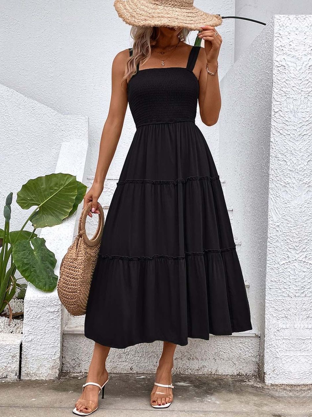 A-Line Midi Dress in Black polyester - Nowi Korean Fashion
