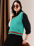 NOWI Women Striped Woollen Crop Sweater Vest