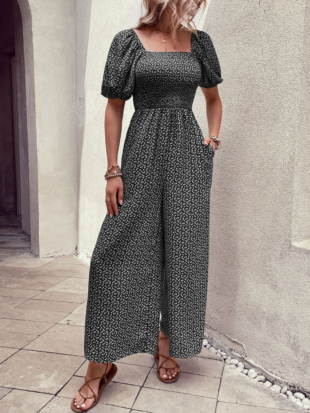 Printed Basic Jumpsuit in Black cotton Style 999 - Nowi Korean Fashion