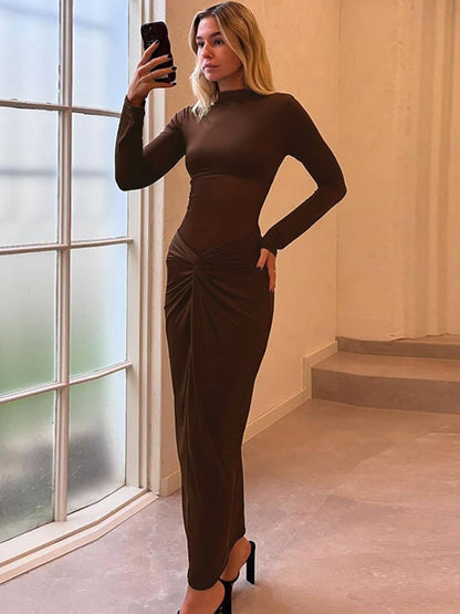 Bodycon Maxi Dress in Brown polyester Style 862 - Nowi Korean Fashion