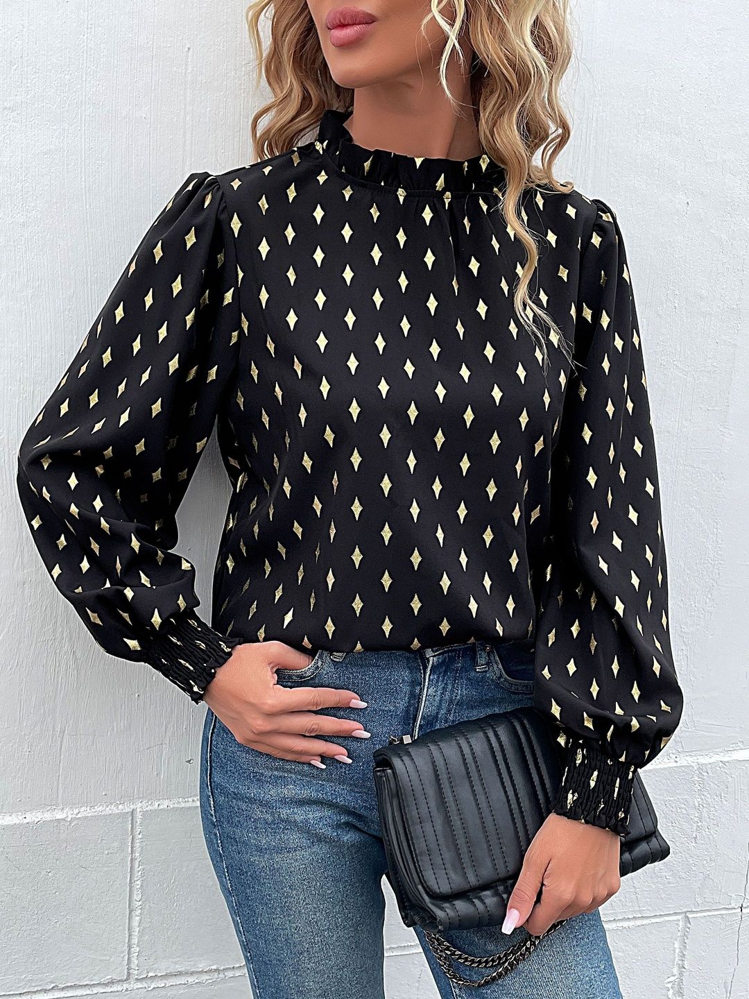 Geometric Print Bishop Sleeves Top in Black - Nowi Korean Fashion