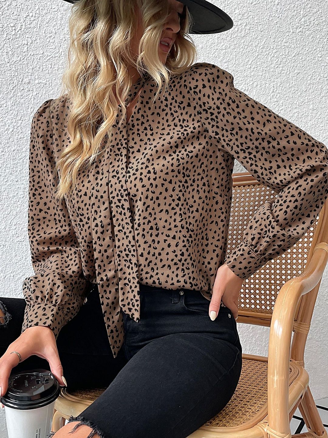 Women's Brown Animal Print Tie-Up Neck Top
