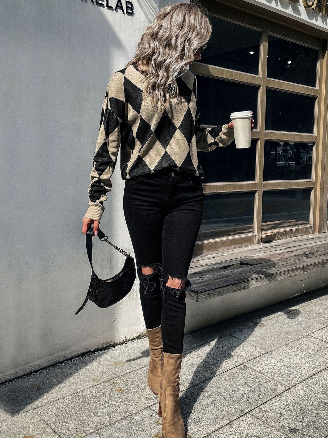 Women's Black Argyle Colourblocked Pullover