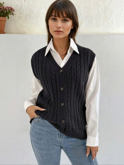 Cable Knit Ribbed Sweater Vest in Black acrylic - Nowi Korean Fashion