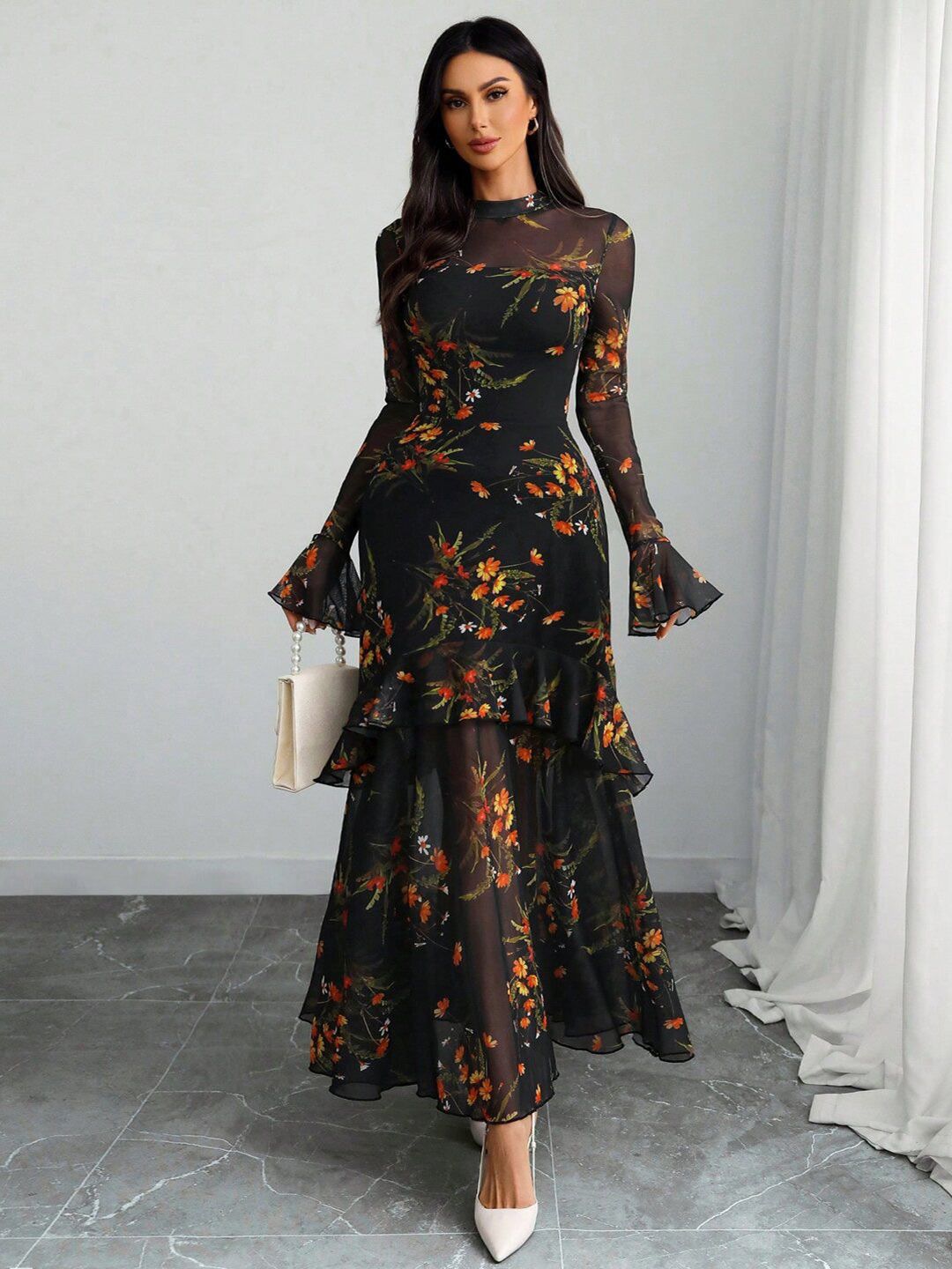 Floral Print Flared Sleeve Ruffled Sheath Maxi Dress