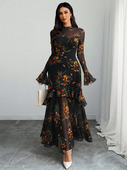 Floral Print Flared Sleeve Ruffled Sheath Maxi Dress