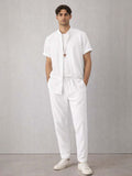 White Mandarin Collar Shirt with Trousers Co-Ords - Nowi Korean Fashion
