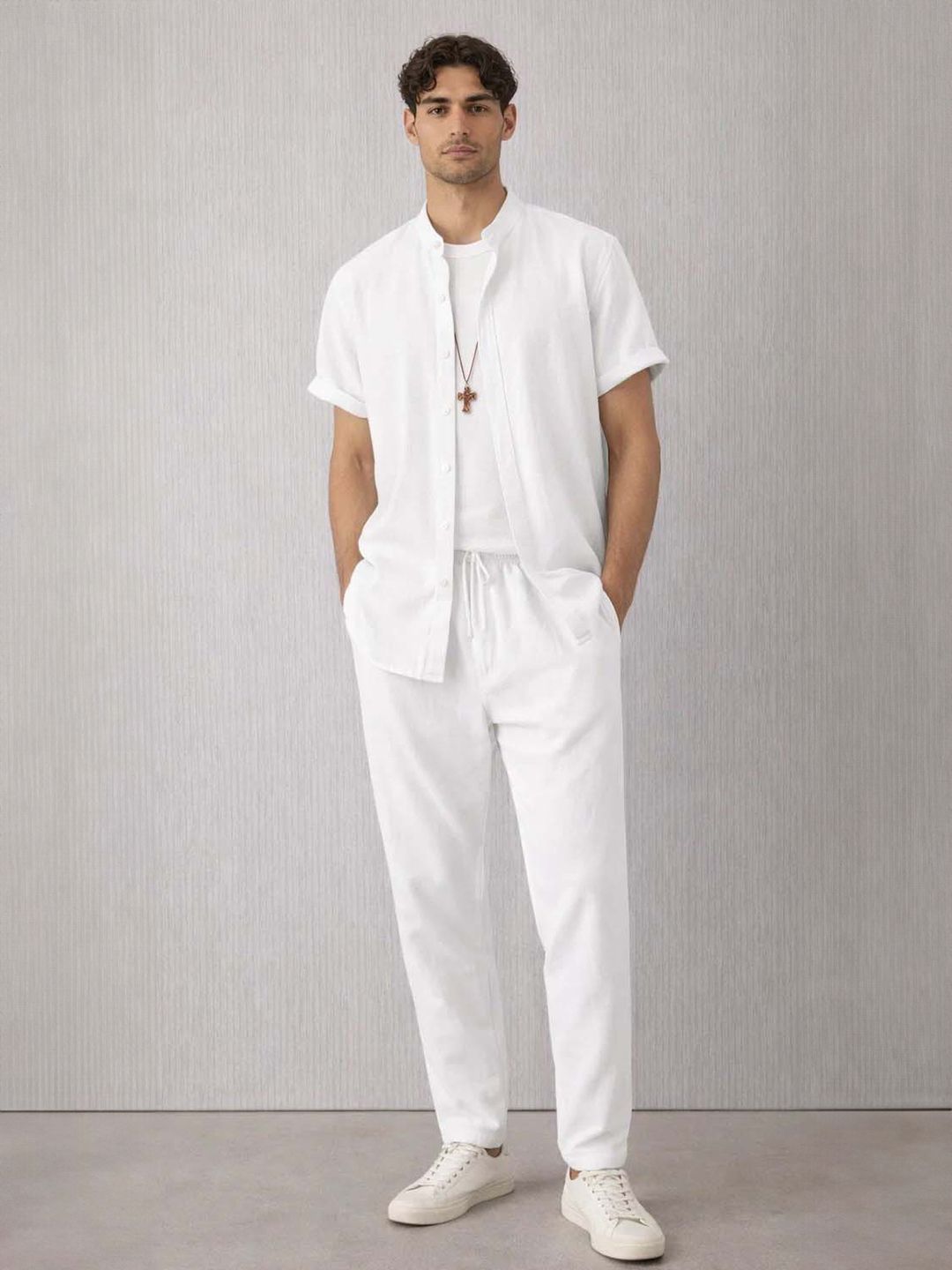 White Mandarin Collar Shirt with Trousers Co-Ords - Nowi Korean Fashion