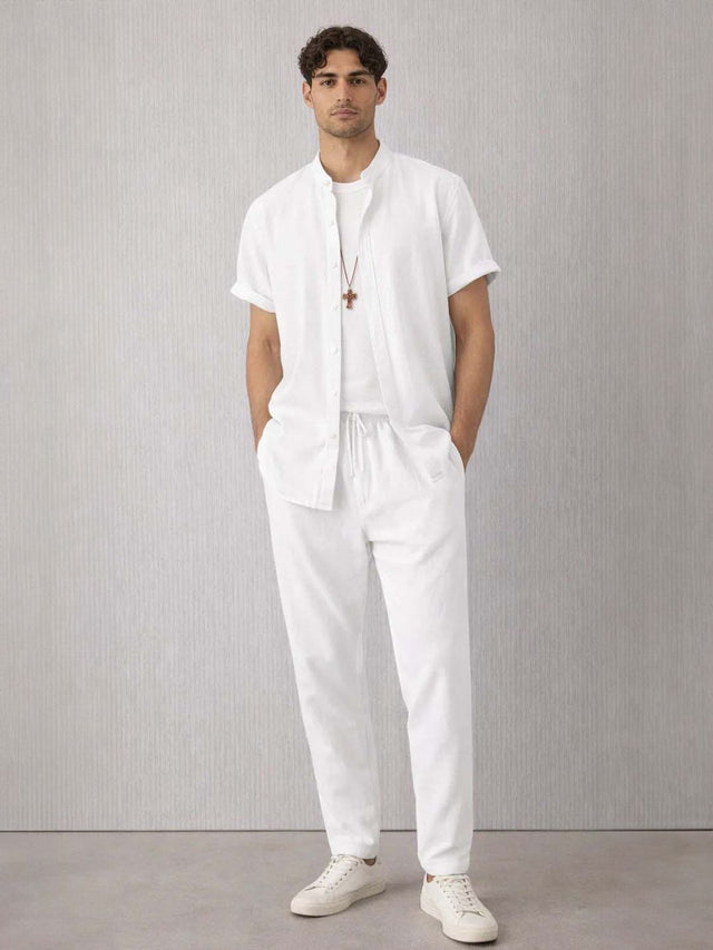 White Mandarin Collar Shirt with Trousers Co-Ords - Nowi Korean Fashion