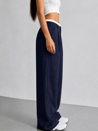 Women Striped Relaxed High-Rise Pleated Trousers