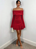 Off-Shoulder Flared Sleeve Fit & Flare Mini Dress - Nowi Korean Fashion