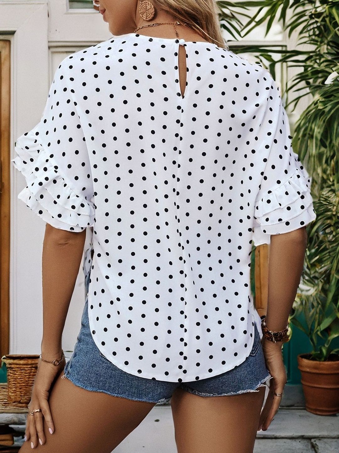 Polka Dot Print Flared Sleeve Ruffles Cotton Top