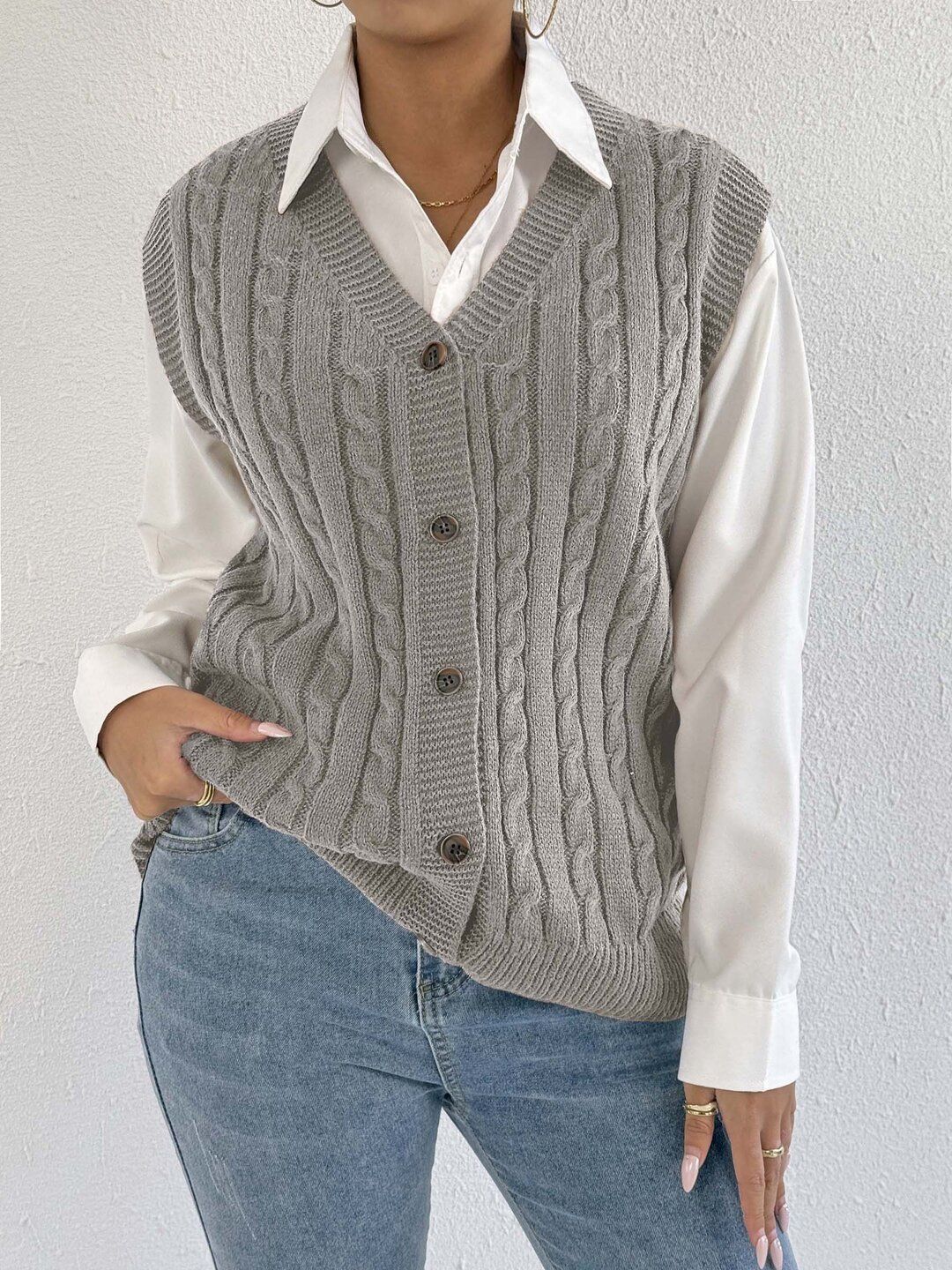 Women Cable Knit Ribbed Sweater Vest