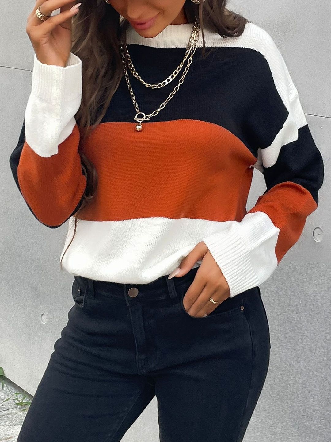 Colourblocked Pullover in Brown Style 290 - Nowi Korean Fashion