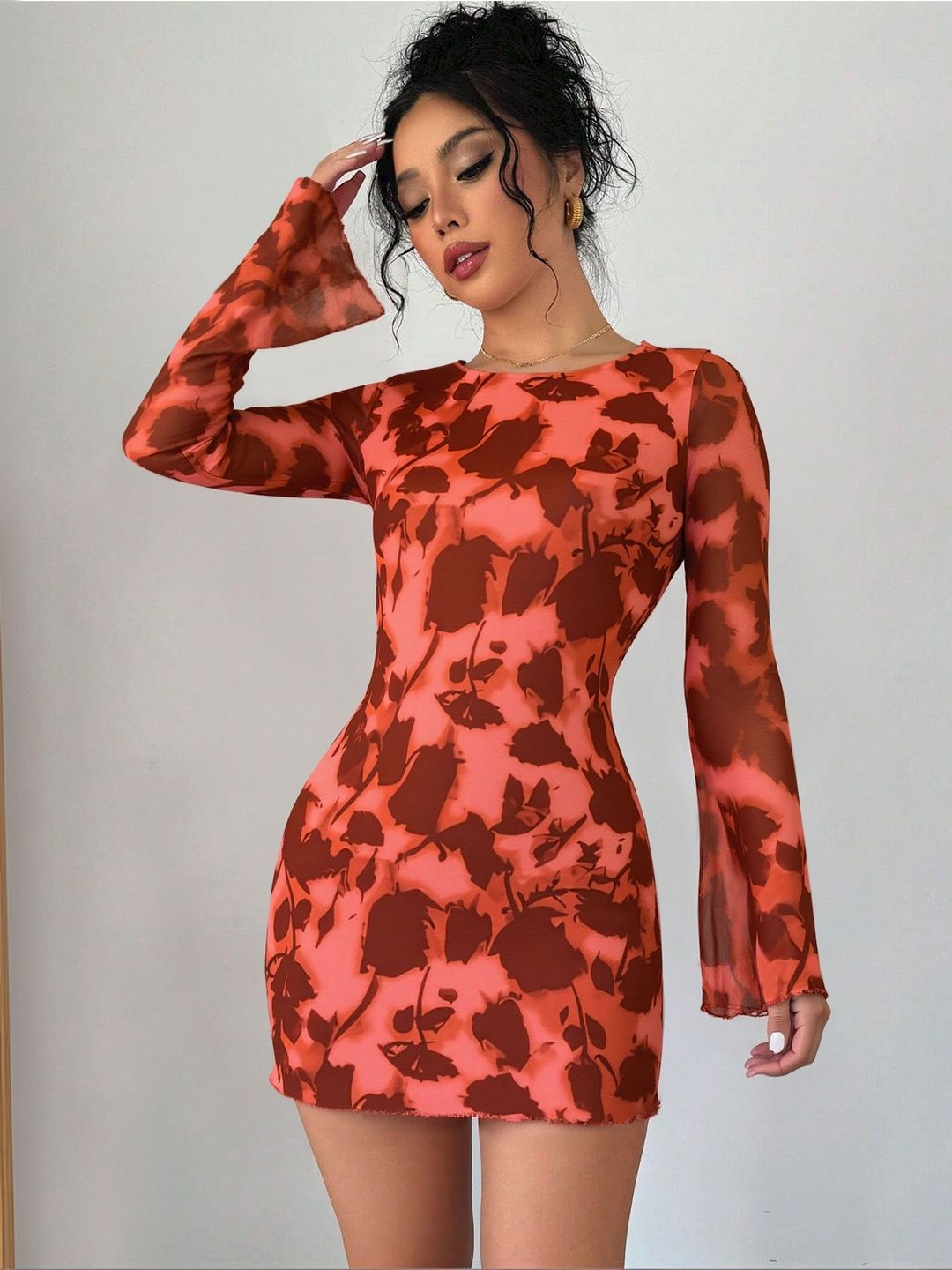 NOWI Floral Print Flared Sleeve Bodycon Mini Dress