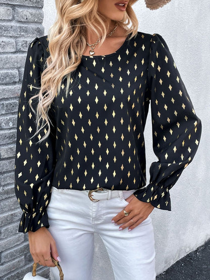 Women's Black Geometric Print Puff Sleeve Ruffles Top