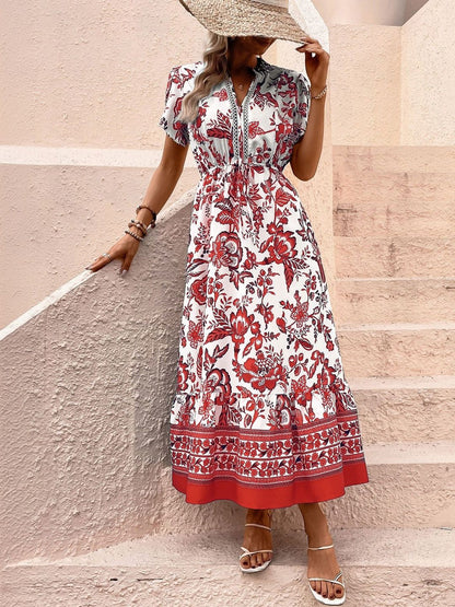 Floral Print Fit & Flare Midi Dress in White cotton Style 542 - Nowi Korean Fashion