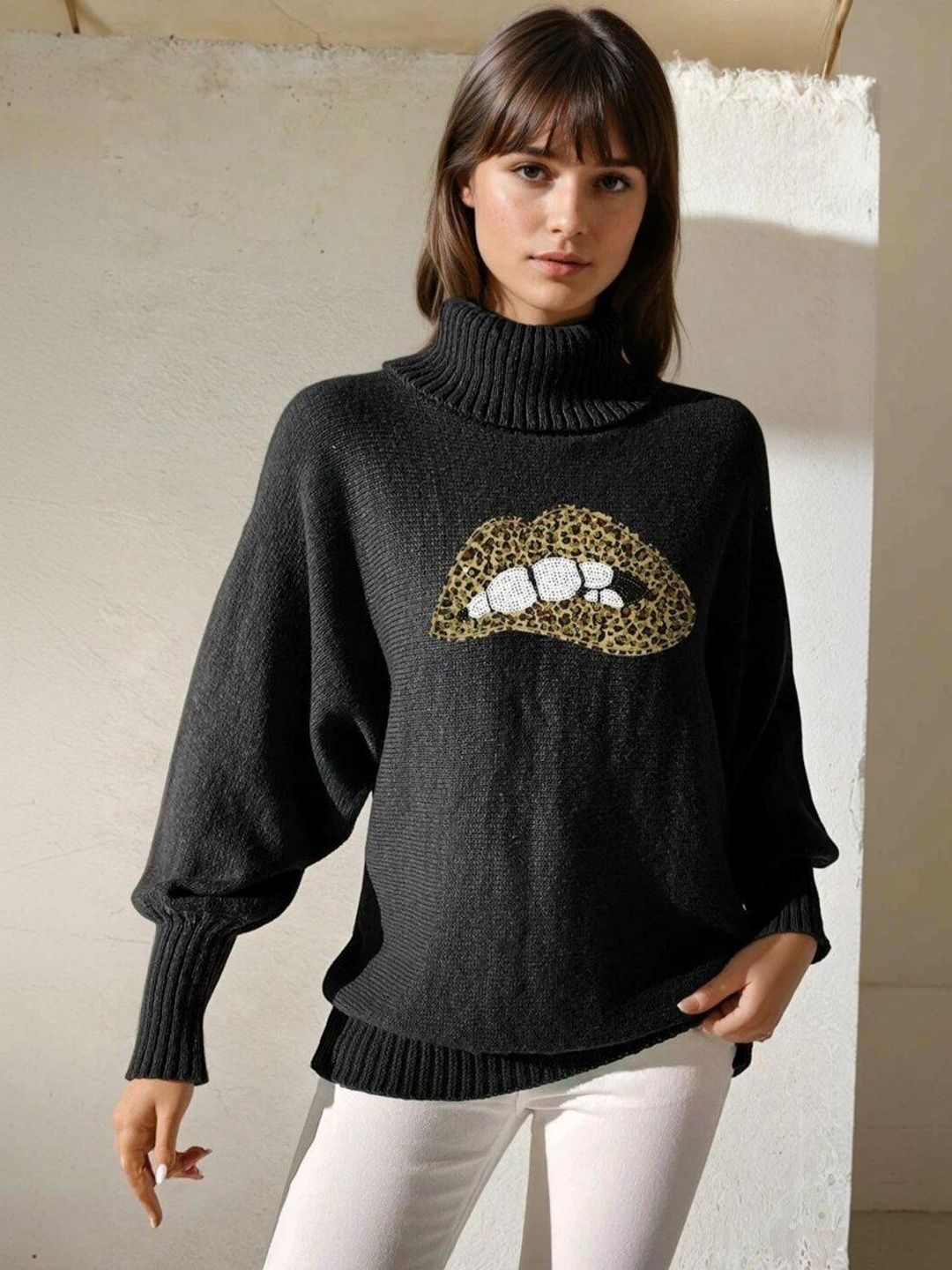 Animal Printed Pullover with Embellished Detail in Black acrylic Long Sleeve - Nowi Korean Fashion
