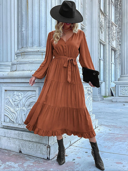Fit & Flare Midi Dress in Brown Style 548 - Nowi Korean Fashion