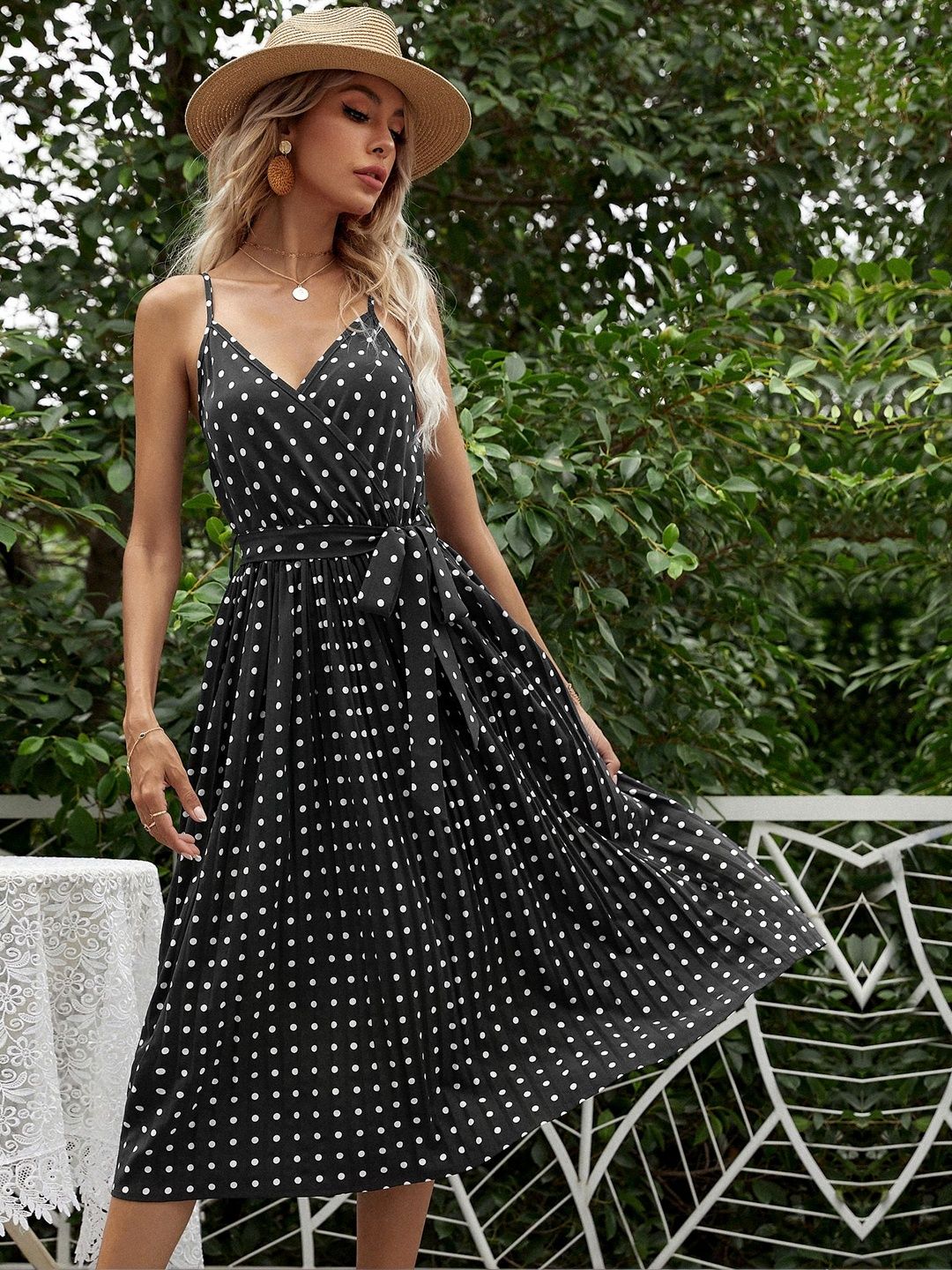 Polka Dot Print Fit & Flare Midi Dress in Black cotton Printed - Nowi Korean Fashion