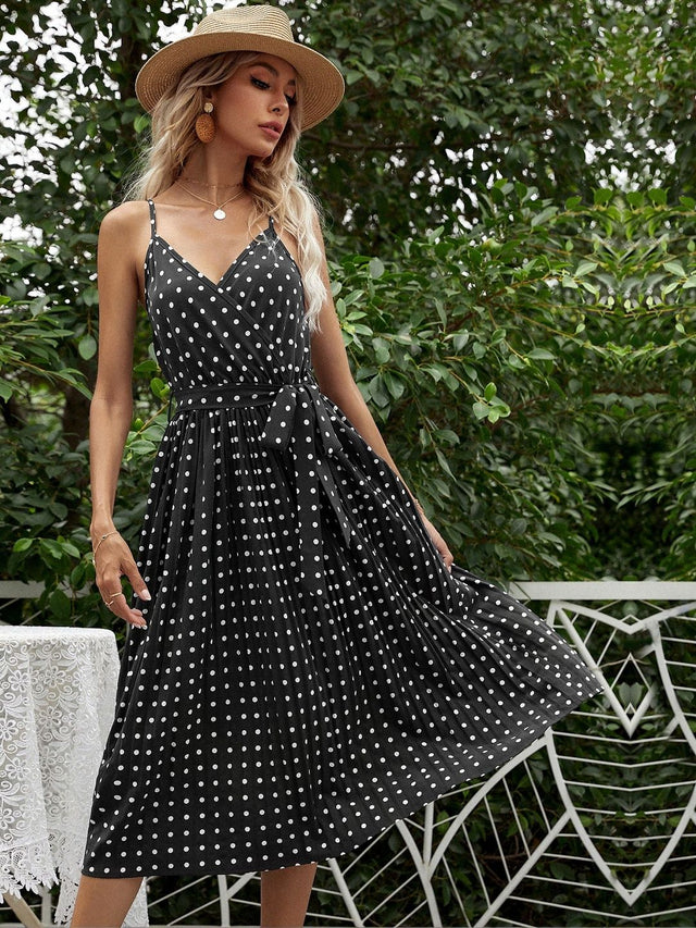 Polka Dot Print Fit & Flare Midi Dress in Black cotton Printed - Nowi Korean Fashion
