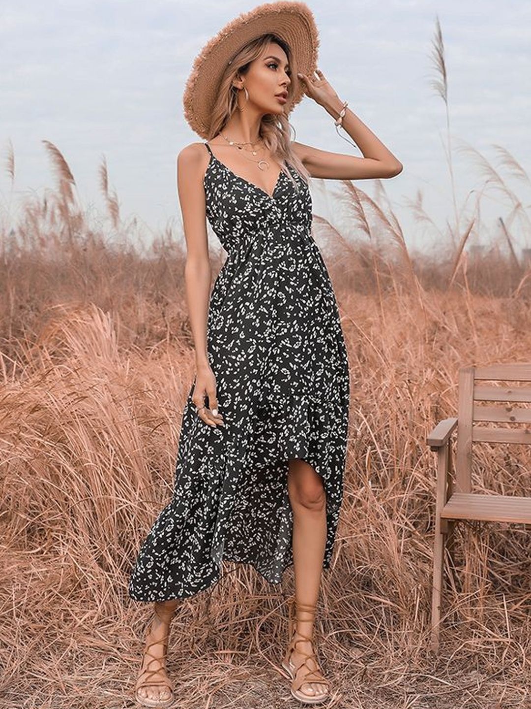 Floral Print A-Line Midi Dress in Black cotton Style 687 - Nowi Korean Fashion