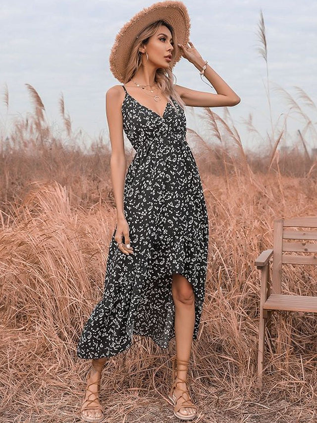 Floral Print A-Line Midi Dress in Black cotton Style 687 - Nowi Korean Fashion