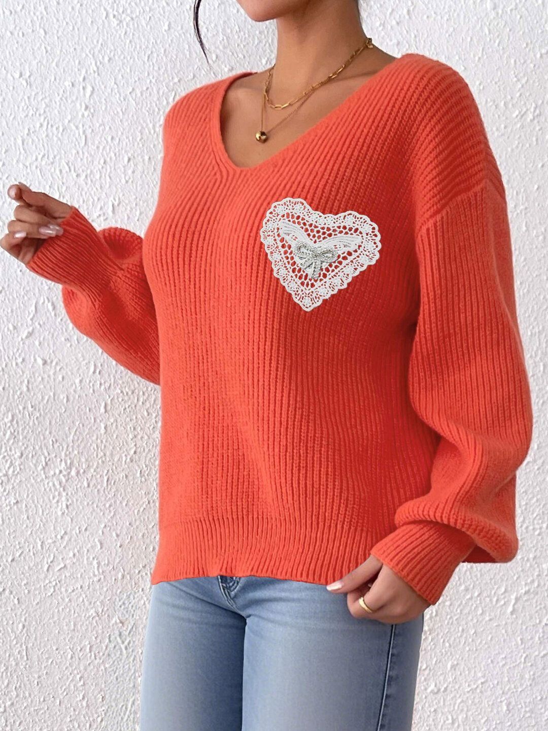 Women Ribbed Pullover with Embroidered Detail